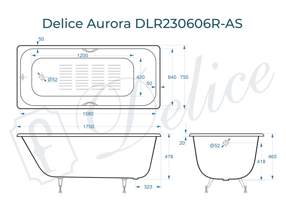 Ванна чугунная Delice Aurora 170х75 DLR230606R-AS с отверстиями под ручки и антискользящим покрытием