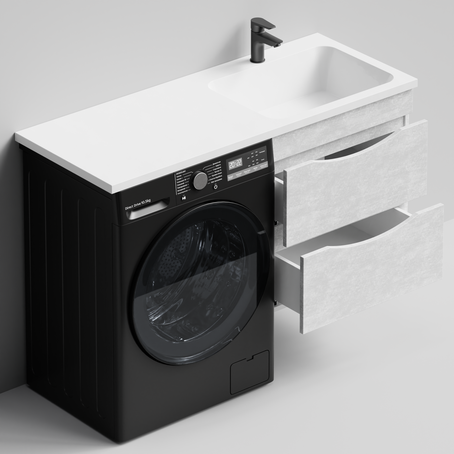 Тумба Vod-ok 58 с раковиной Смайл 120 подвесная, под стиральную машину, правая, Белый камень