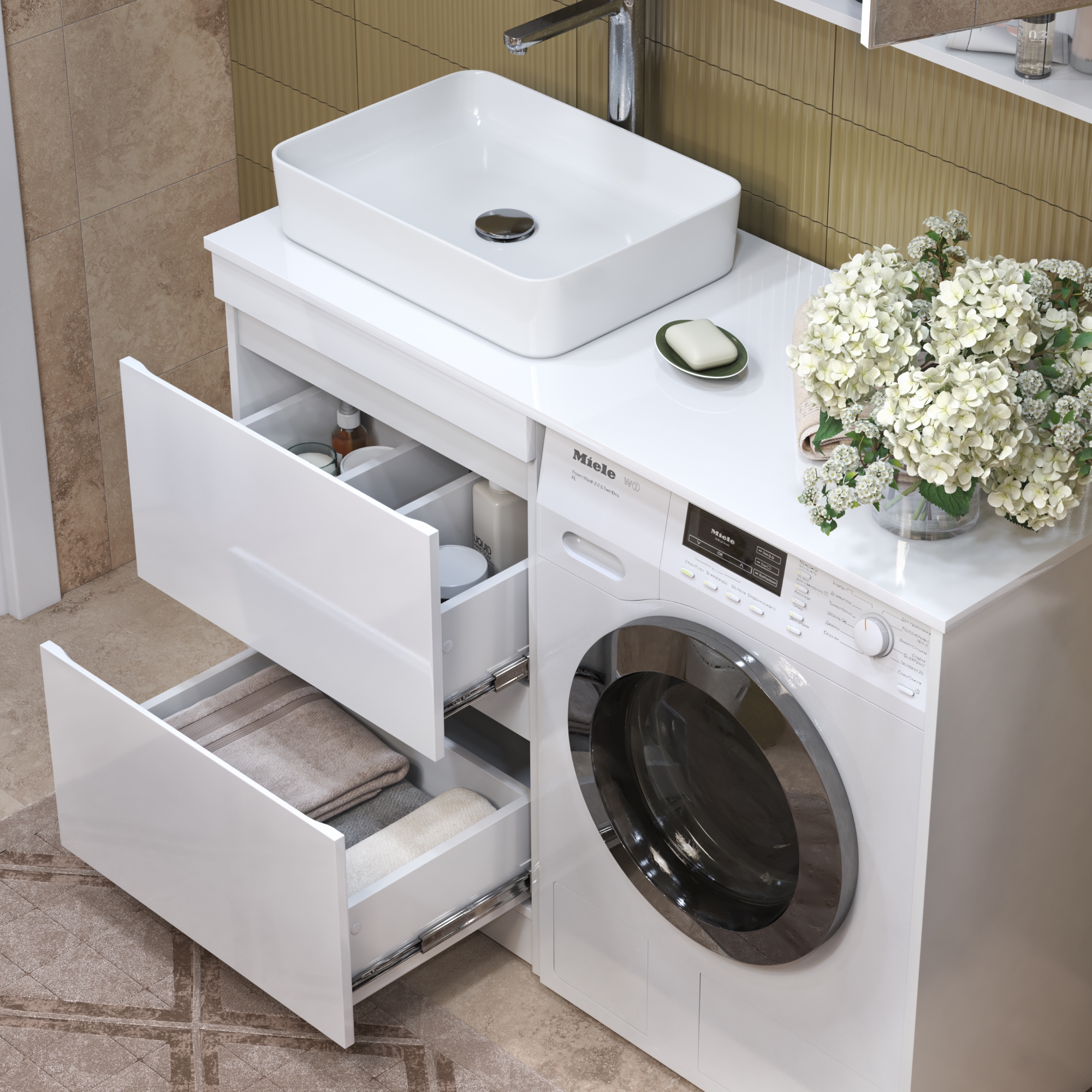 Тумба со столешницей Urban 60 и раковиной Urban, L левая, 2 ящика, под стиральную машину, белая