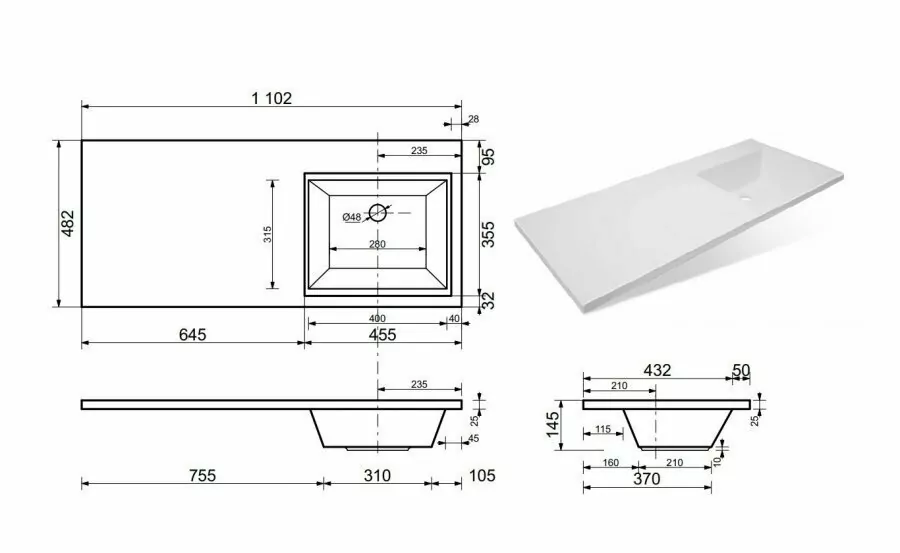 Тумба с раковиной Style Line Даллас 110 Люкс Plus ПВХ под стиральную машину, напольная, два ящика, правая, белая