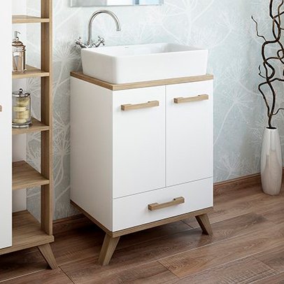 Тумба Sanflor Ингрид 60 с накладной раковиной MARAZZI Plaza 55 напольная, белый матовый, швейцарский вяз