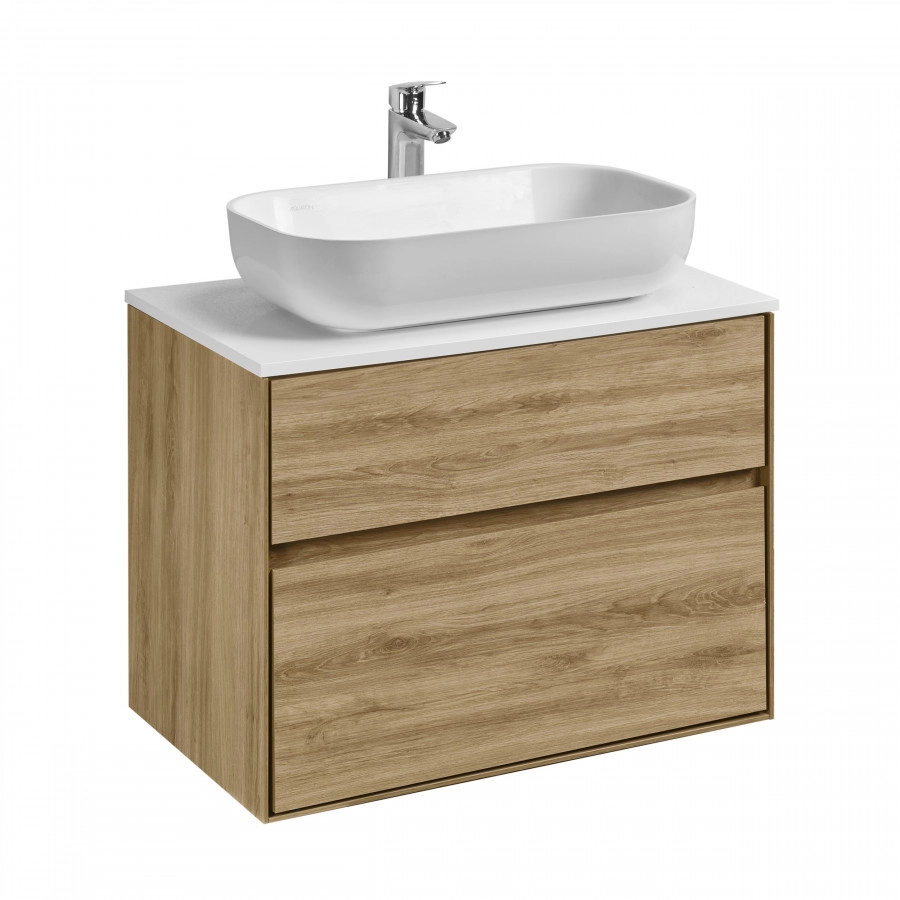 Тумба подвесная AQUATON Либерти 75 с белой столешницей, раковиной Лола 60, дуб эльвезия