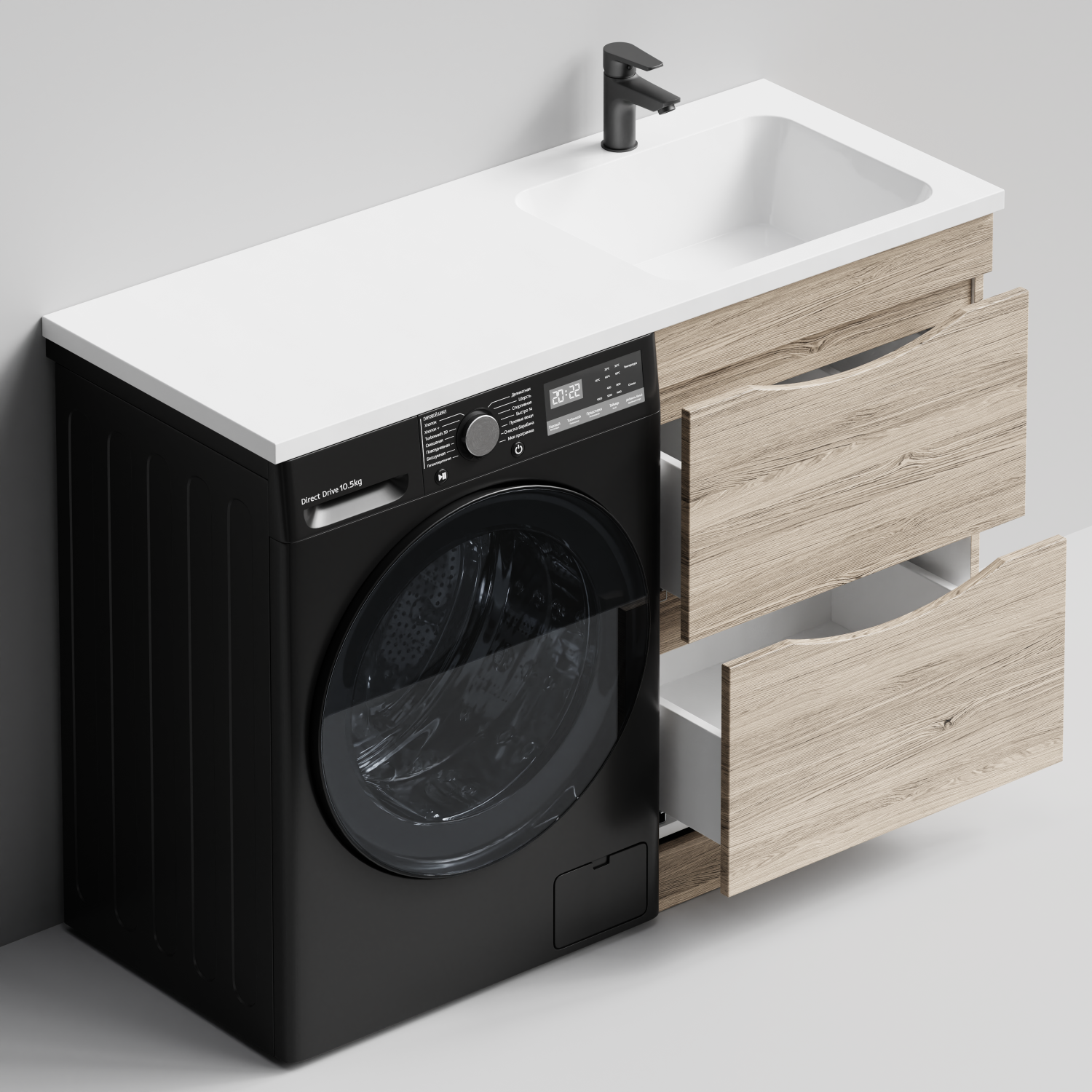 Тумба Vod-ok 58 с раковиной Смайл 120 напольная, под стиральную машину, правая, Дубослив ореховый светлый