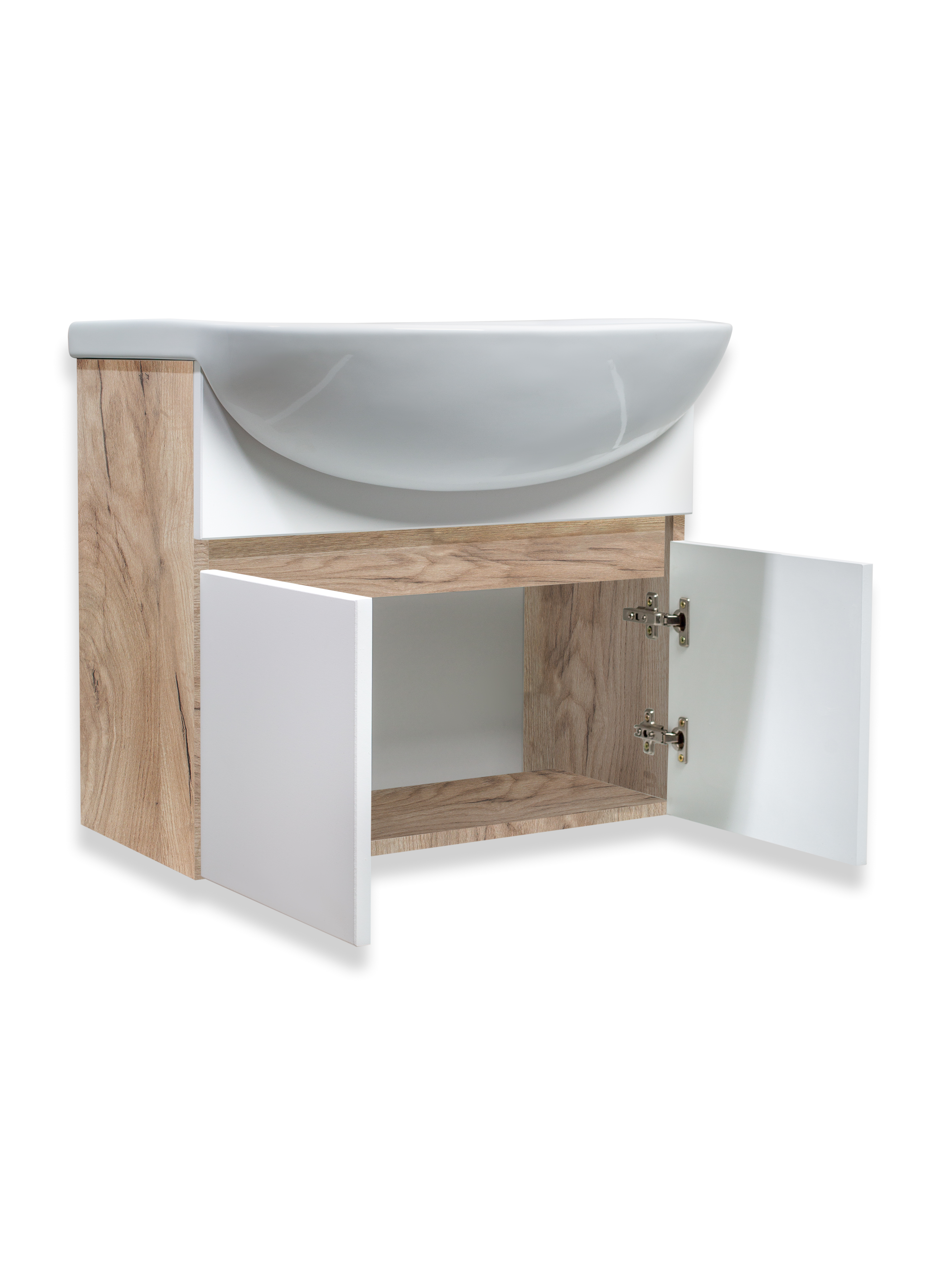 Тумба подвесная Runo Лада 60 белый/крафтовый дуб с раковиной Уют 60