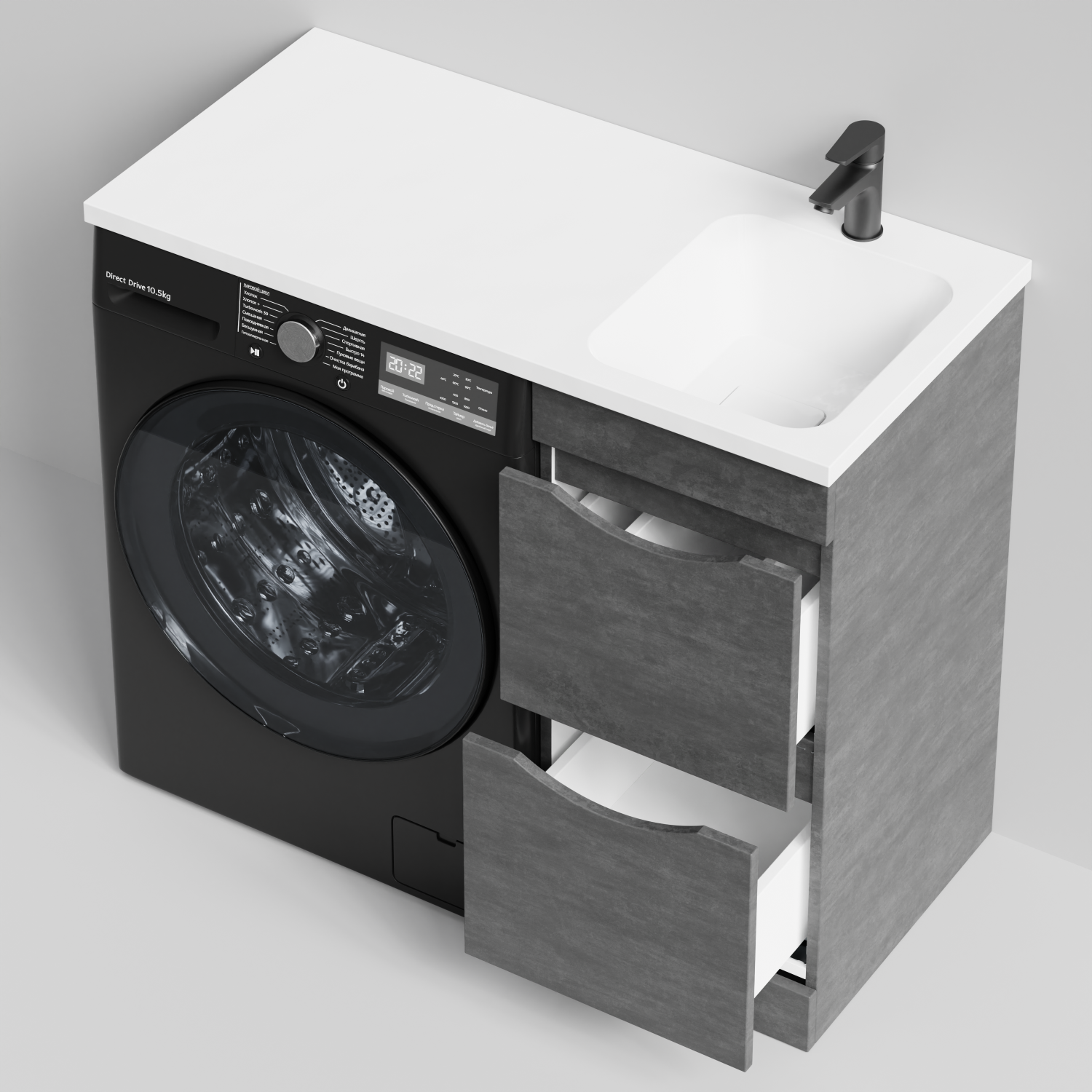 Тумба Vod-ok 38 с раковиной Смайл 100 напольная, под стиральную машину, правая, Серый камень
