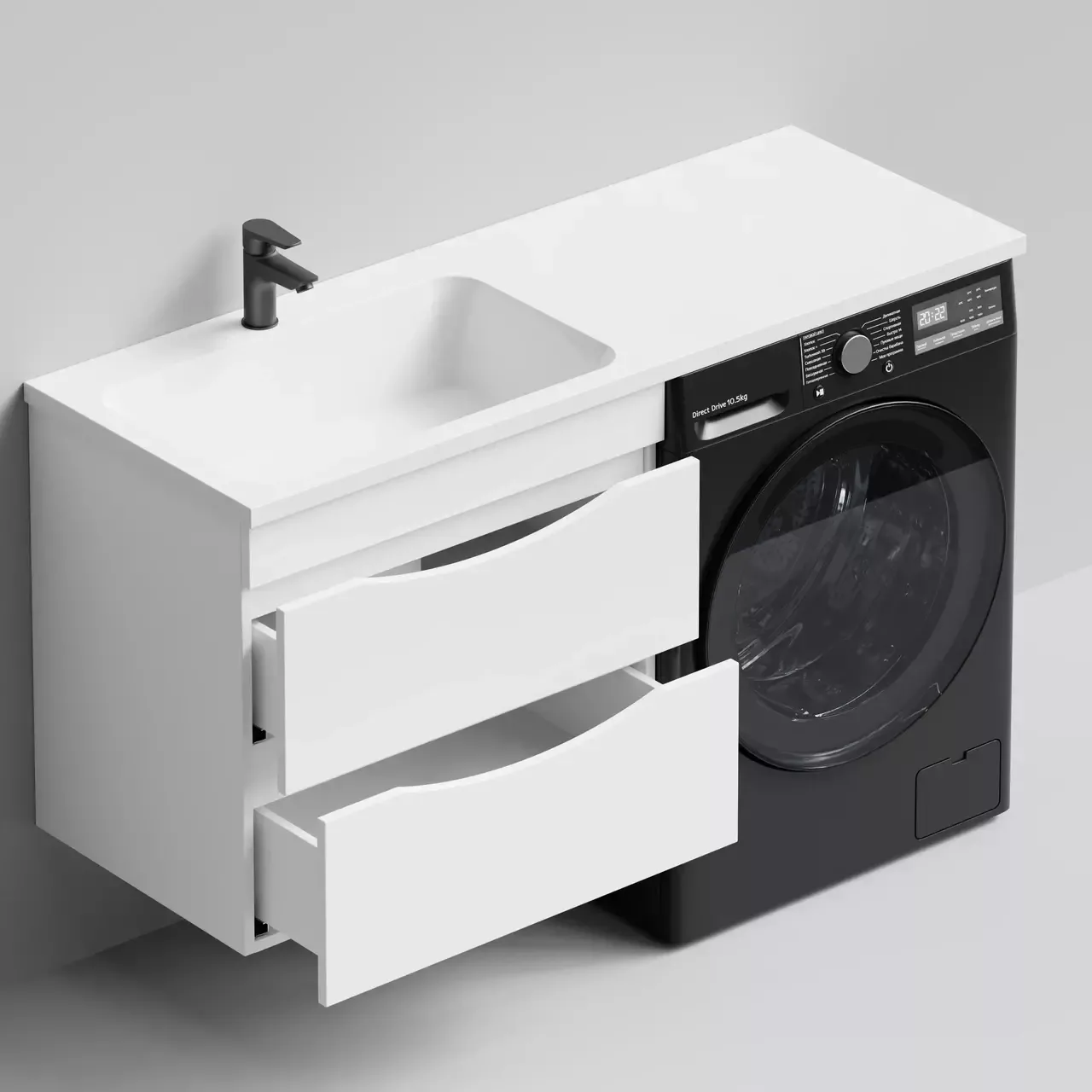 Тумба подвесная Vod-ok Смайл 68 с раковиной 130 под стиральную машину, левая, белая + 13 цветов