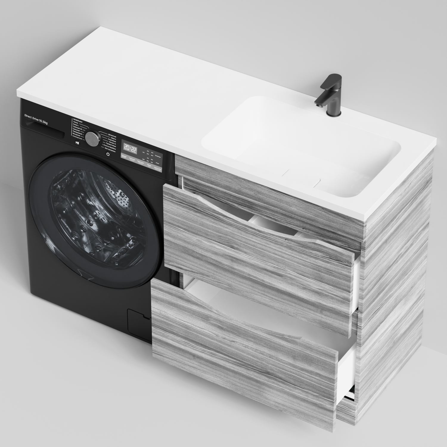 Тумба Vod-ok 68 с раковиной Смайл 130 напольная, под стиральную машину, правая, Лиственница структурная контрастно-серая