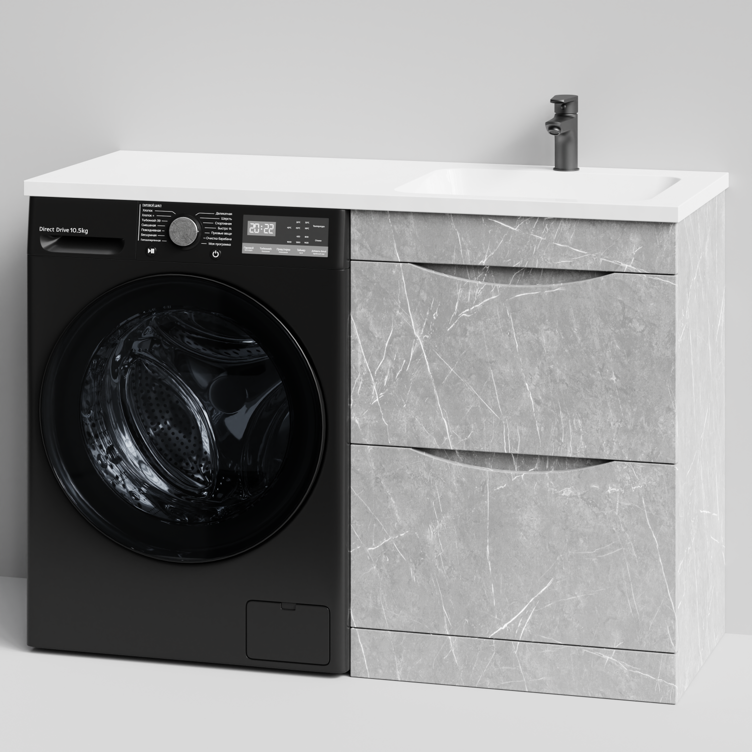Тумба Vod-ok 58 с раковиной Смайл 120 напольная, под стиральную машину, правая, Мрамор Белый софт тач
