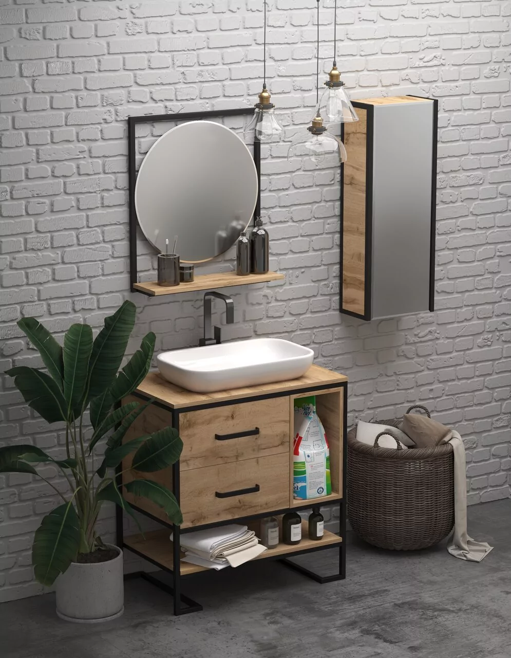 Шкаф навесной 1Marka Grunge loft 35П R, 1 дверь, с зеркалом, дуб вотан/черный