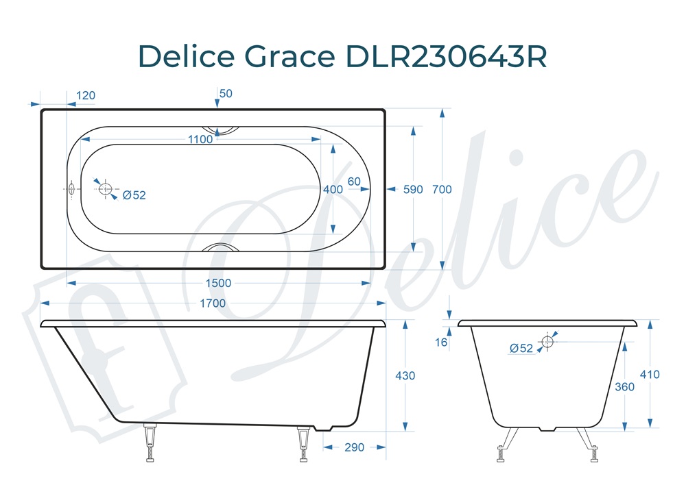 Ванна чугунная Delice Grace 170х70 DLR230643R с отверстиями под ручки