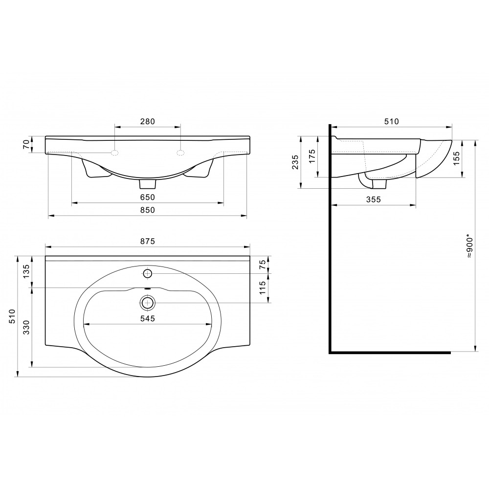 Тумба с раковиной Francesca Империя 85 напольная, 2 ящика, 3 двери, белый