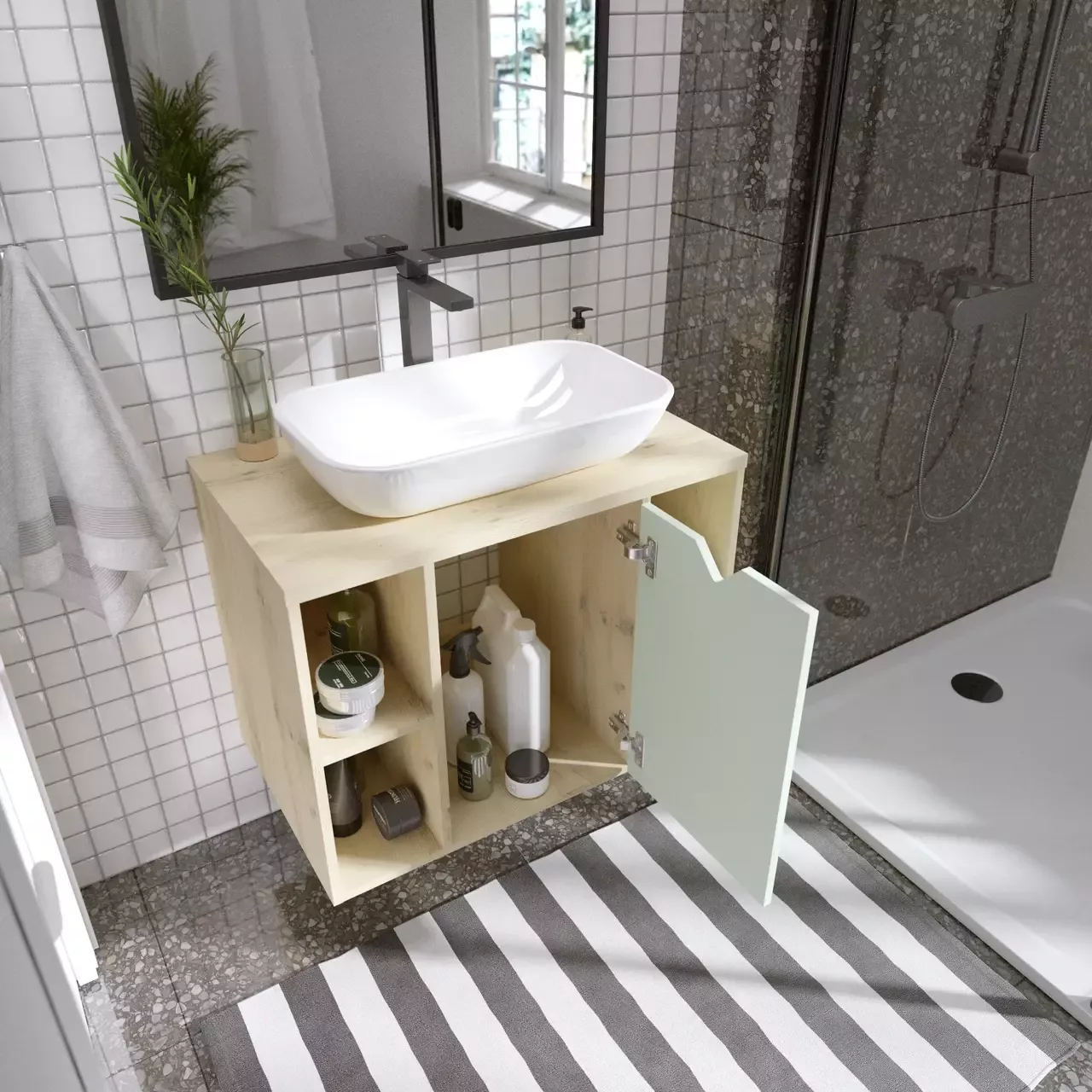 Тумба подвесная 1Marka Delta 80П с раковиной Infinity 60, 1 дверь, мята софт