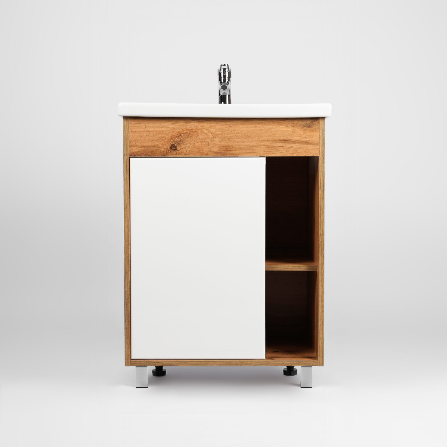 Тумба напольная Viant Бостон 50 с раковиной Como 50, 1 дверь, белый/дуб вотан