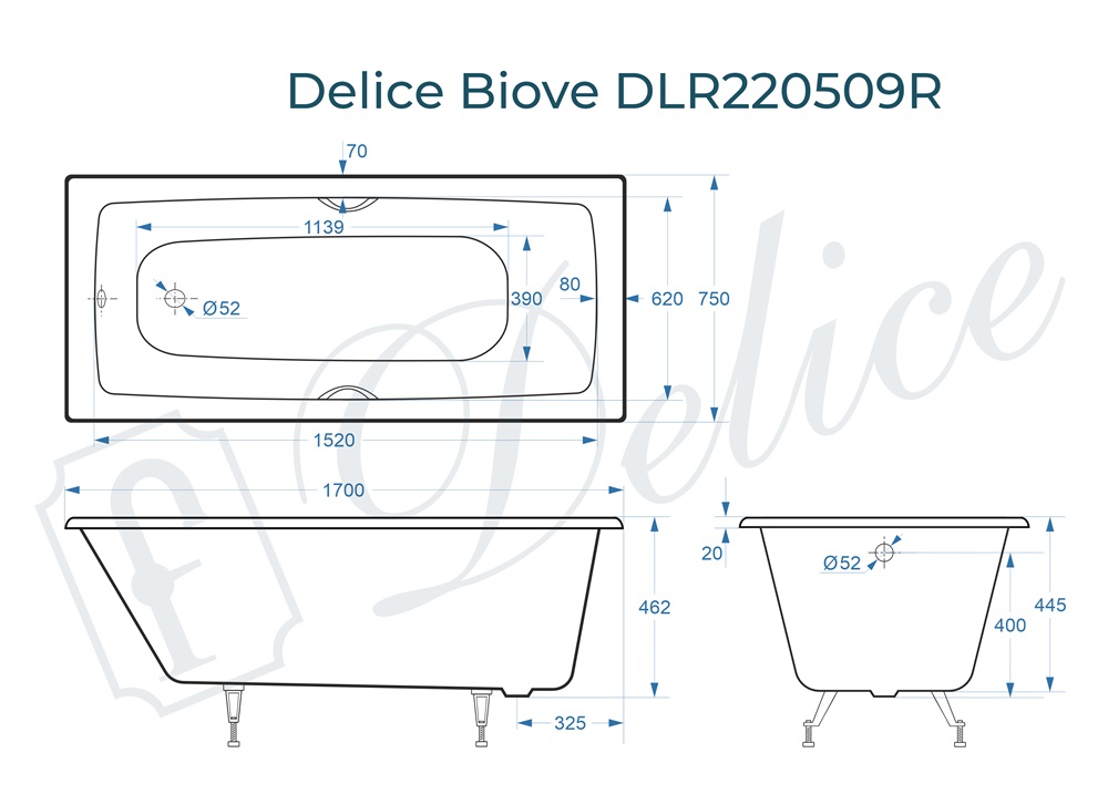 Ванна чугунная Delice Biove 170х75 DLR220509RB с черными матовыми ручками
