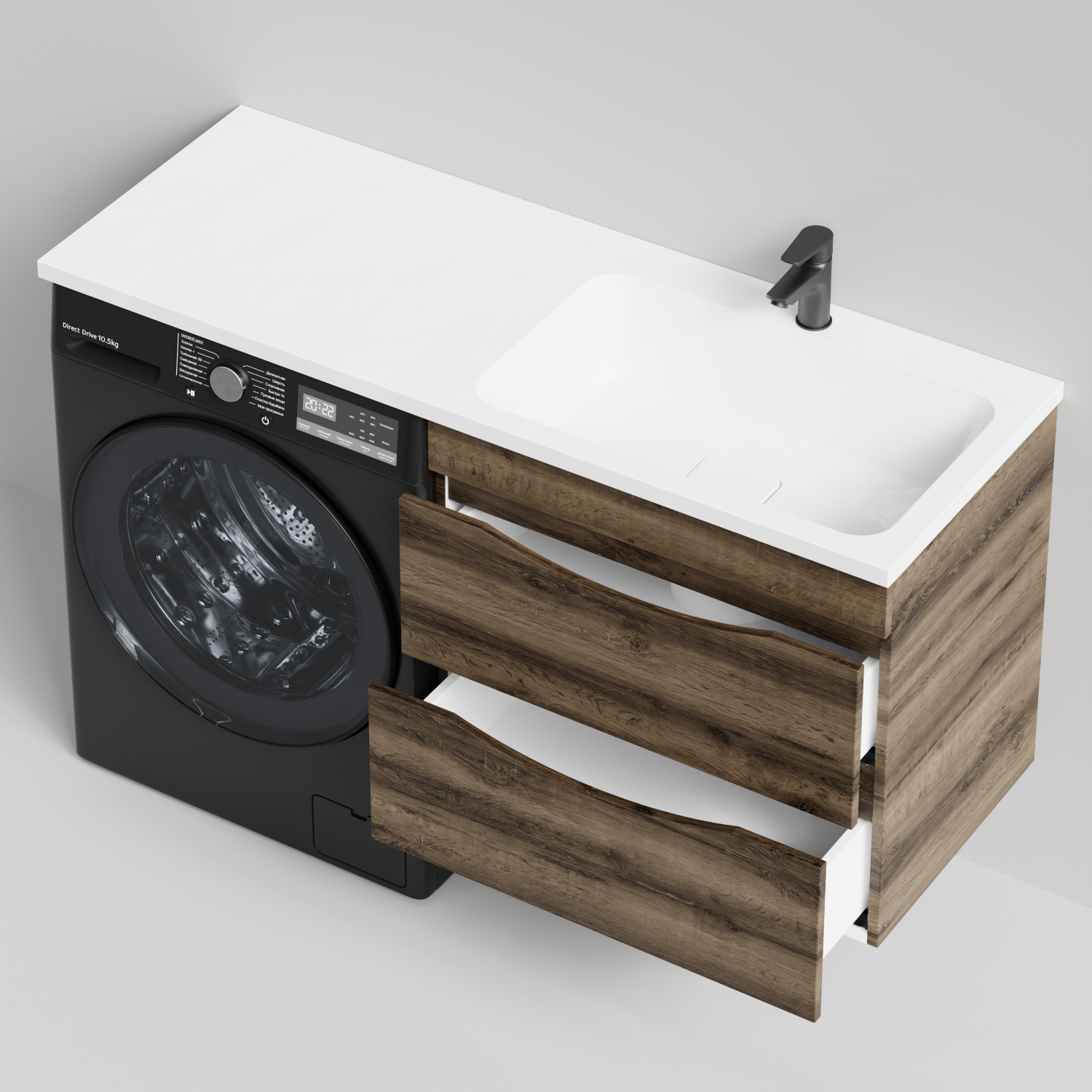 Тумба Vod-ok 68 с раковиной Смайл 130 подвесная, под стиральную машину, правая, Дуб крымский коричневый