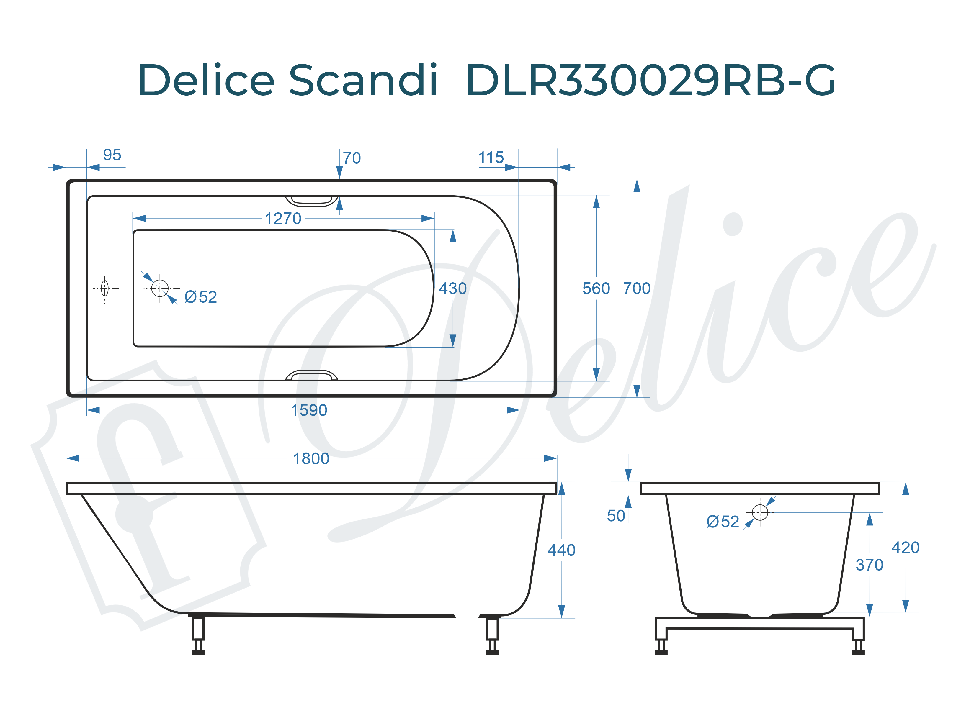 Ванна из литьевого мрамора Delice Scandi 180х70 глянцевая с черными ручками DLR330029RB-G