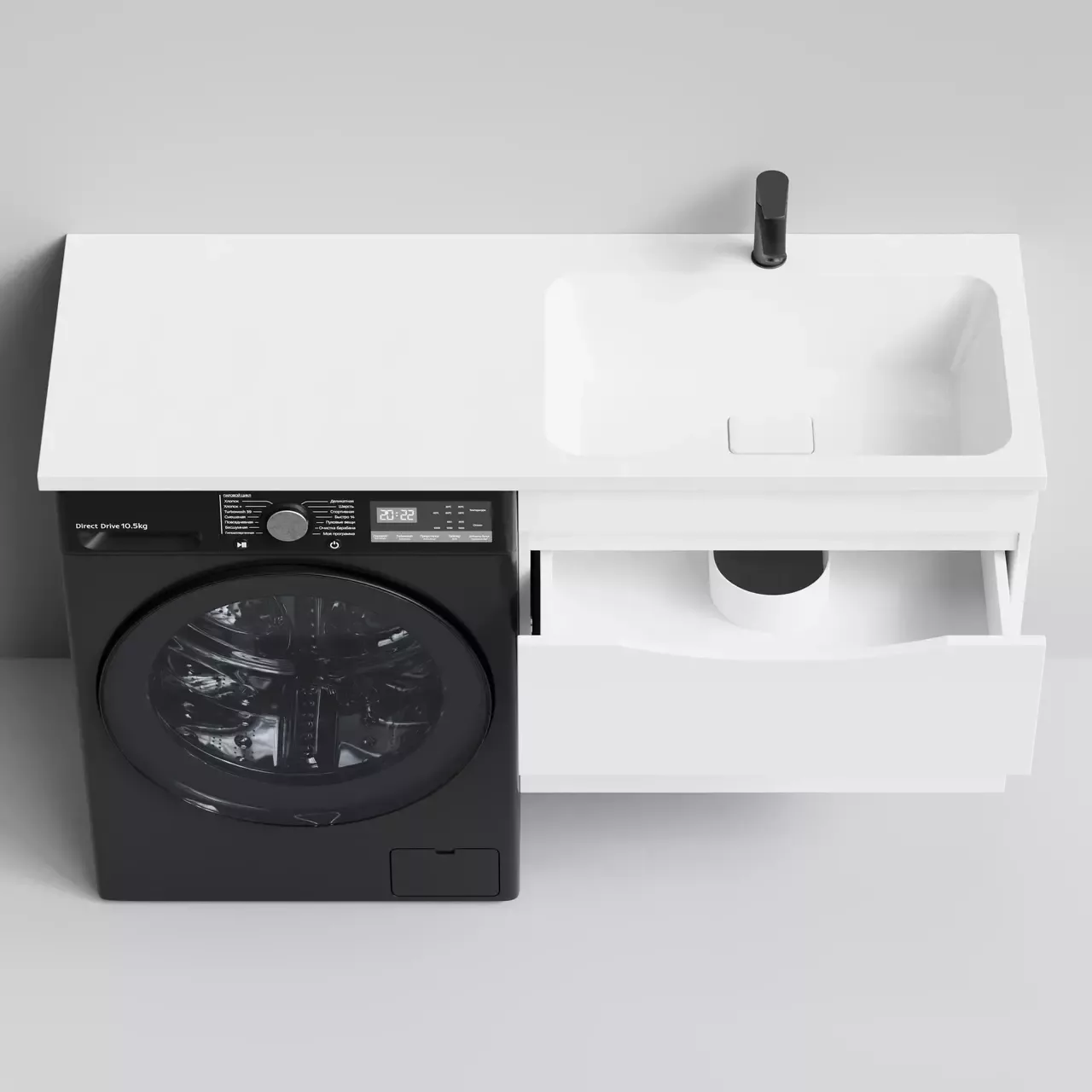 Тумба Vod-ok подвесная Vod-ok Смайл 68 с раковиной 130 под стиральную машину, правая, белая + 13 цветов