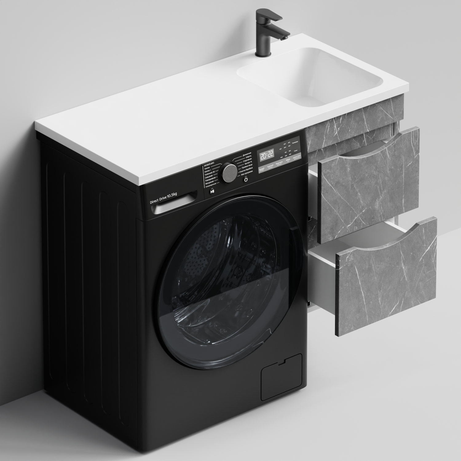 Тумба Vod-ok 38 с раковиной Смайл 100 подвесная, под стиральную машину, правая, Мрамор Серый софт тач