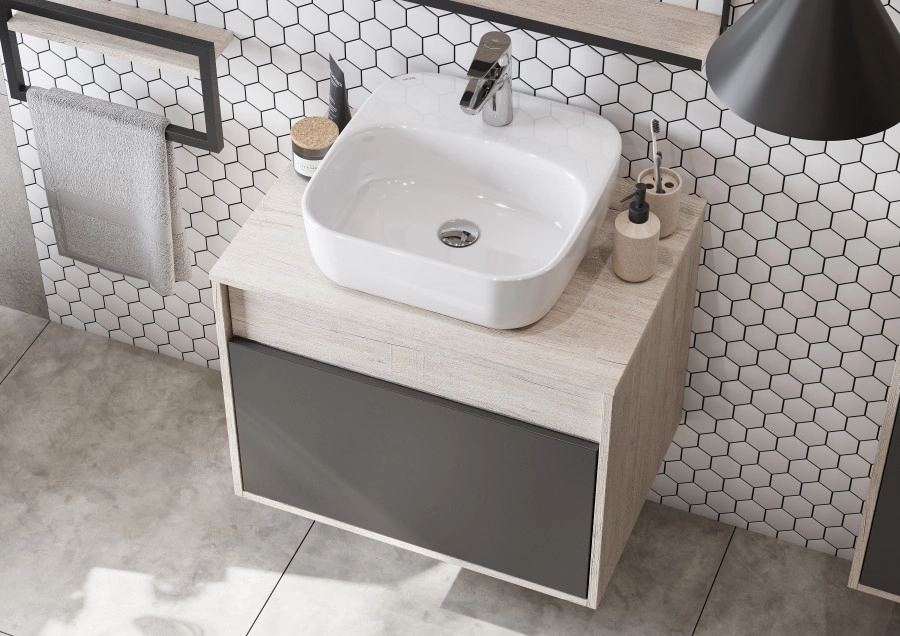 Тумба подвесная Aquaton Лофт Урбан 65 с раковиной MILA 35х50, серый графит, дуб орегон