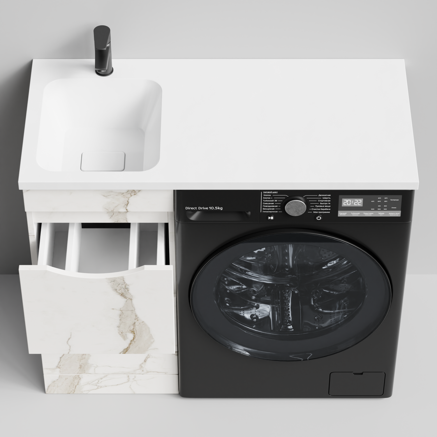 Тумба Vod-ok 38 с раковиной Смайл 100 напольная, под стиральную машину, левая, Мрамор Белый натур милк