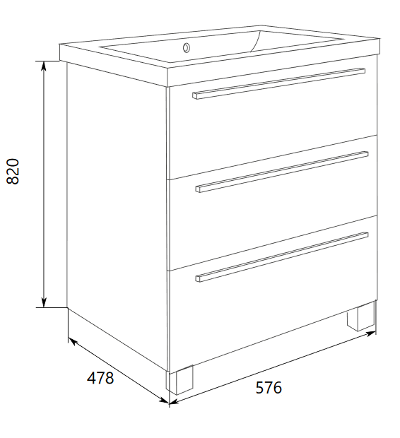 Тумба напольная 1Marka Соната 58Н с раковиной Анита 58, 3 ящика, белый