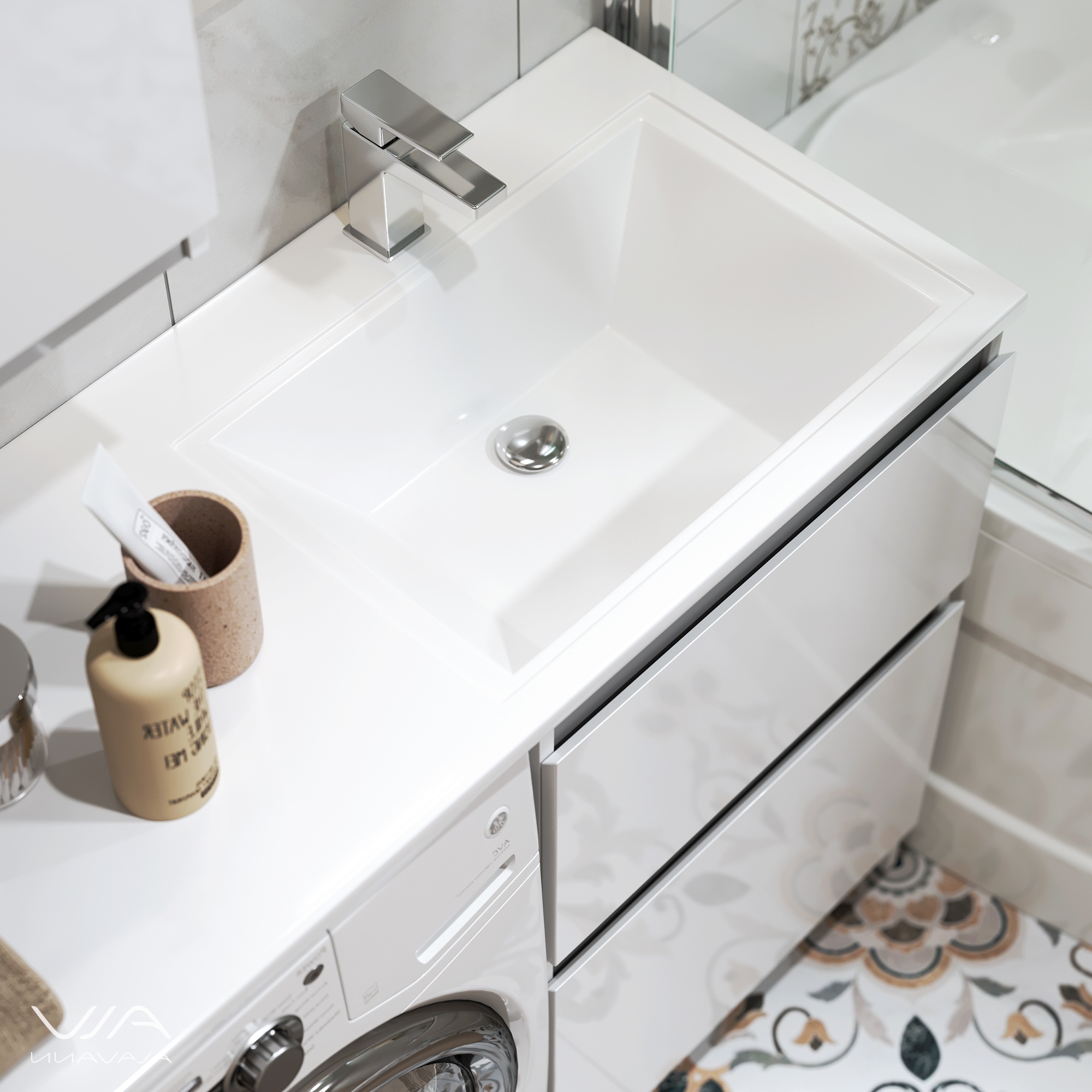 Тумба Alavann Soft Silver 53 с раковиной под стиральную машину Даллас 120 R, белая