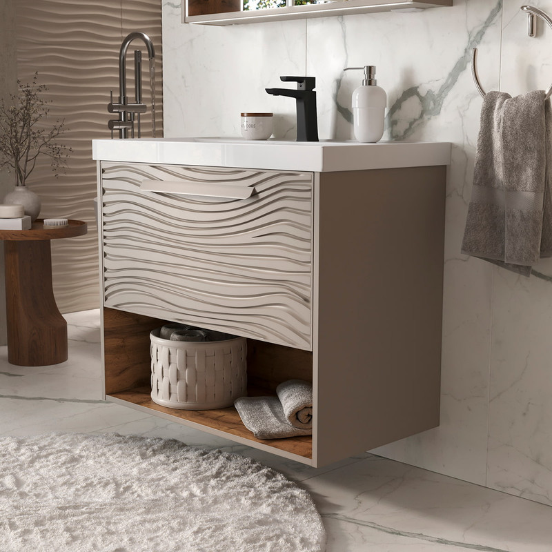 Тумба с раковиной EQUIL Gleam 80 подвесная, один ящик, амарок/дуб вотан