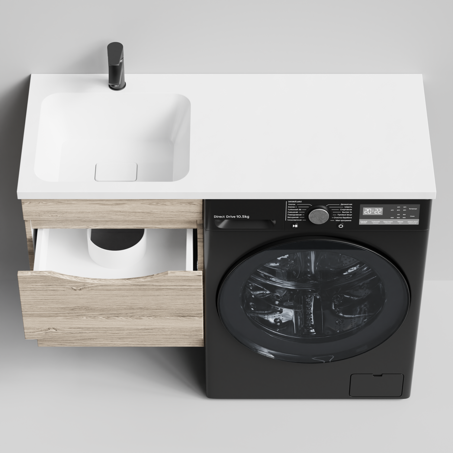 Тумба Vod-ok 48 с раковиной Смайл 110 подвесная, под стиральную машину, левая, Дубослив ореховый светлый