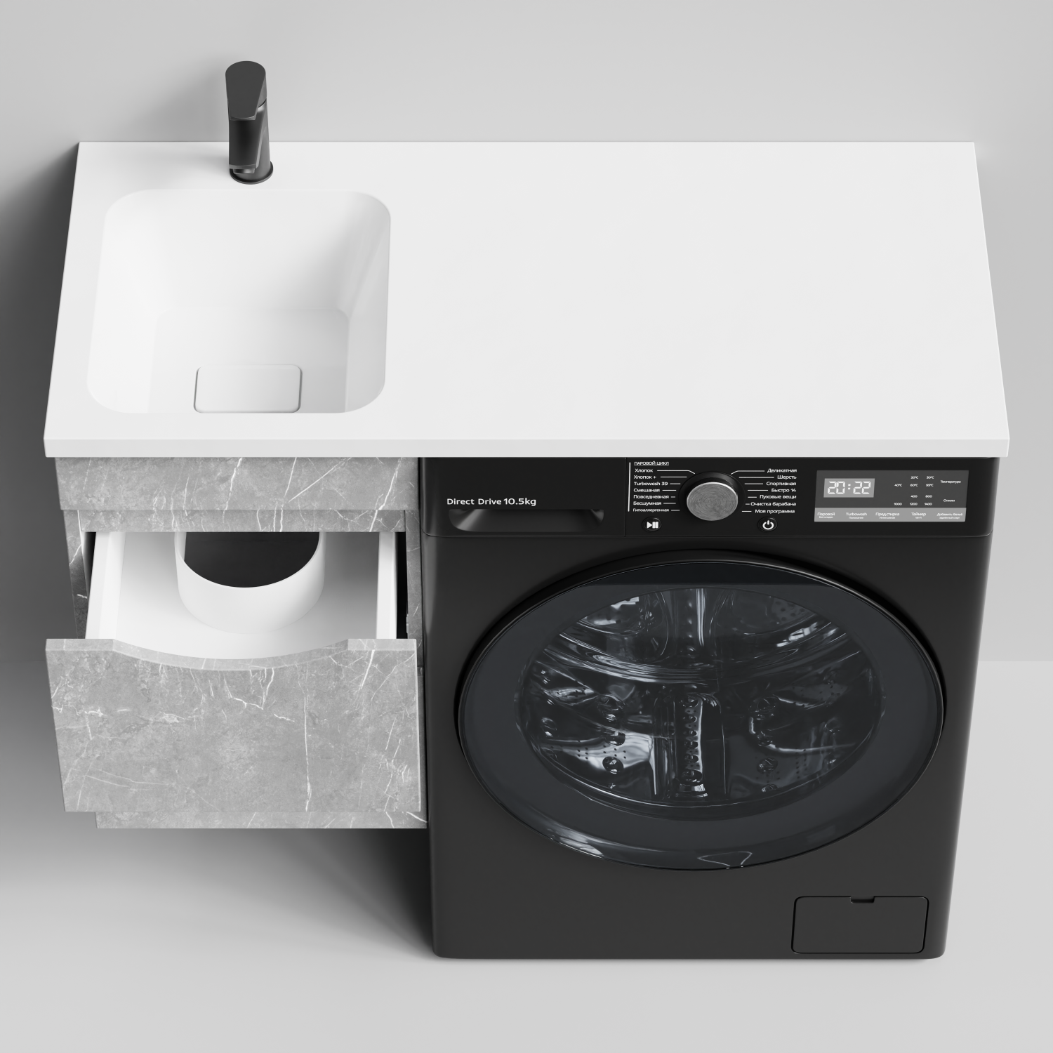 Тумба Vod-ok 38 с раковиной Смайл 100 подвесная, под стиральную машину, левая, Мрамор Белый софт тач