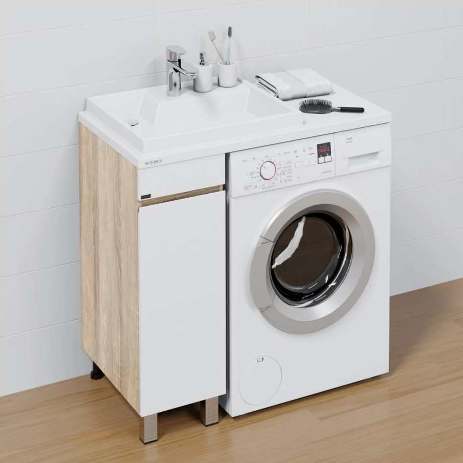 Тумба напольная Санта Марс 29 с раковиной Юпитер 90x50 под стиральную машину L левая, белый/янтарный