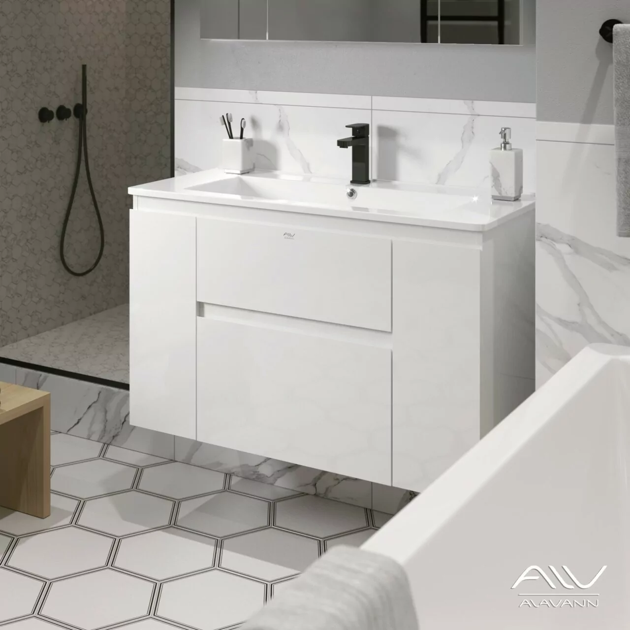 Тумба подвесная Alavann Eva 100 с раковиной Harmonia 100, белая