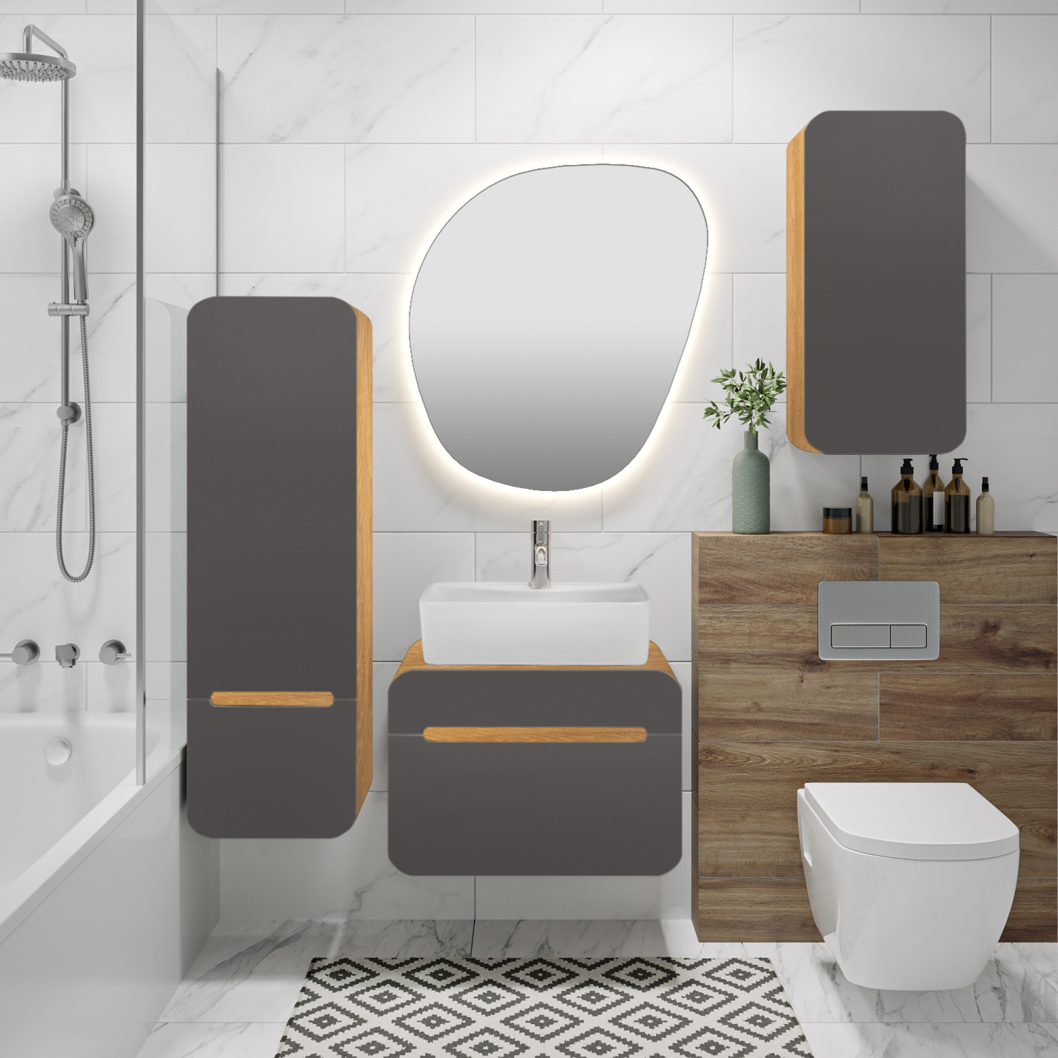 Тумба подвесная Runo Ницца 60 под накладную раковину, графит/дуб натуральный