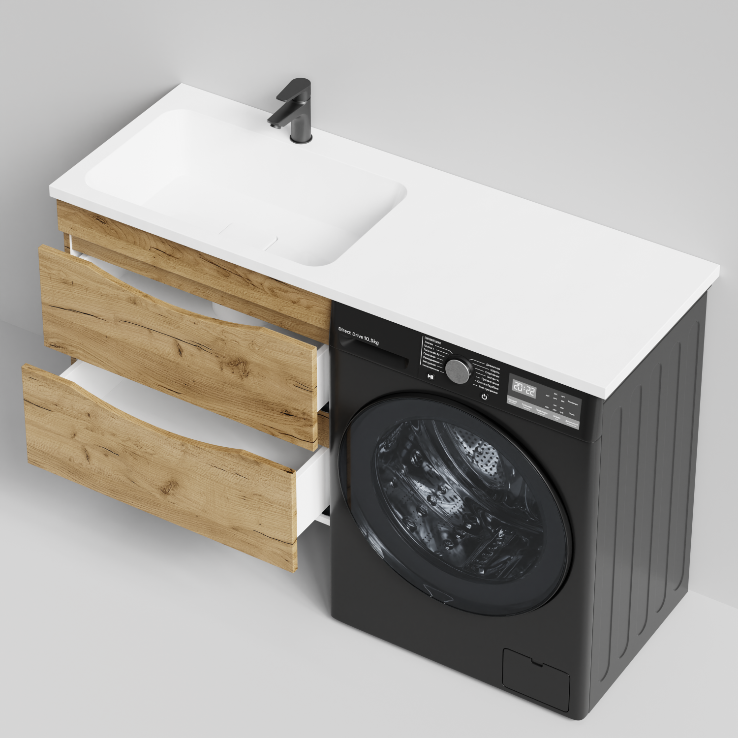 Тумба Vod-ok 68 с раковиной Смайл 130 подвесная, под стиральную машину, левая, Дуб Тортуга