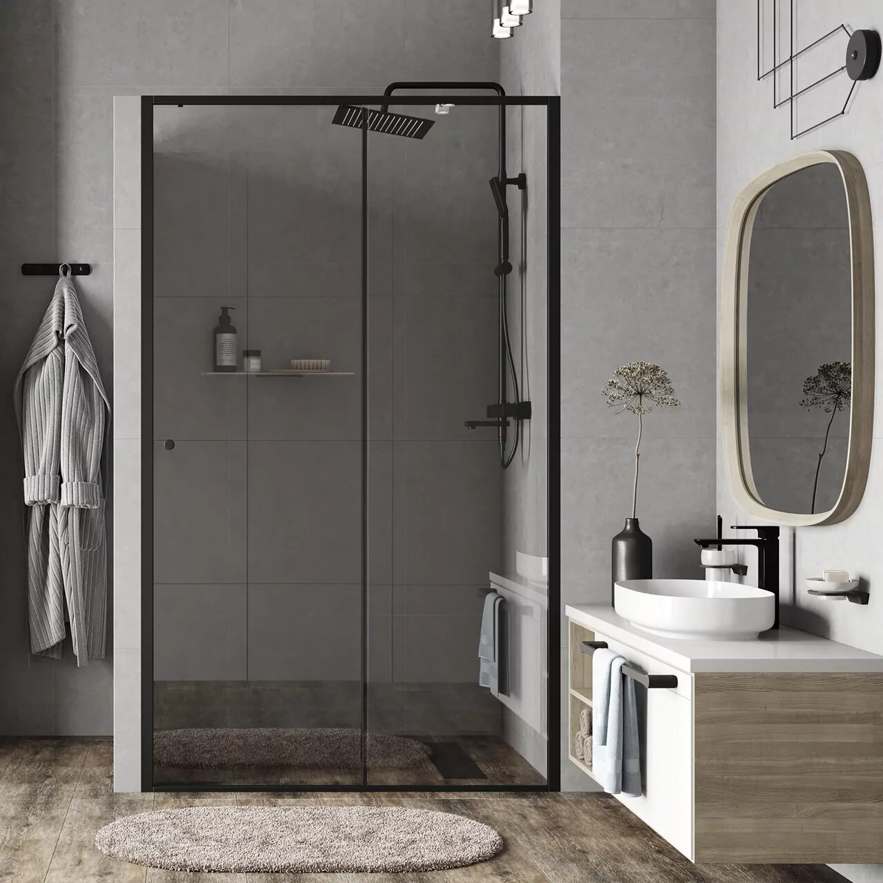 Душевая дверь WasserKraft Dill 61S12 100 в нишу, раздвижная, прозрачное стекло, черный