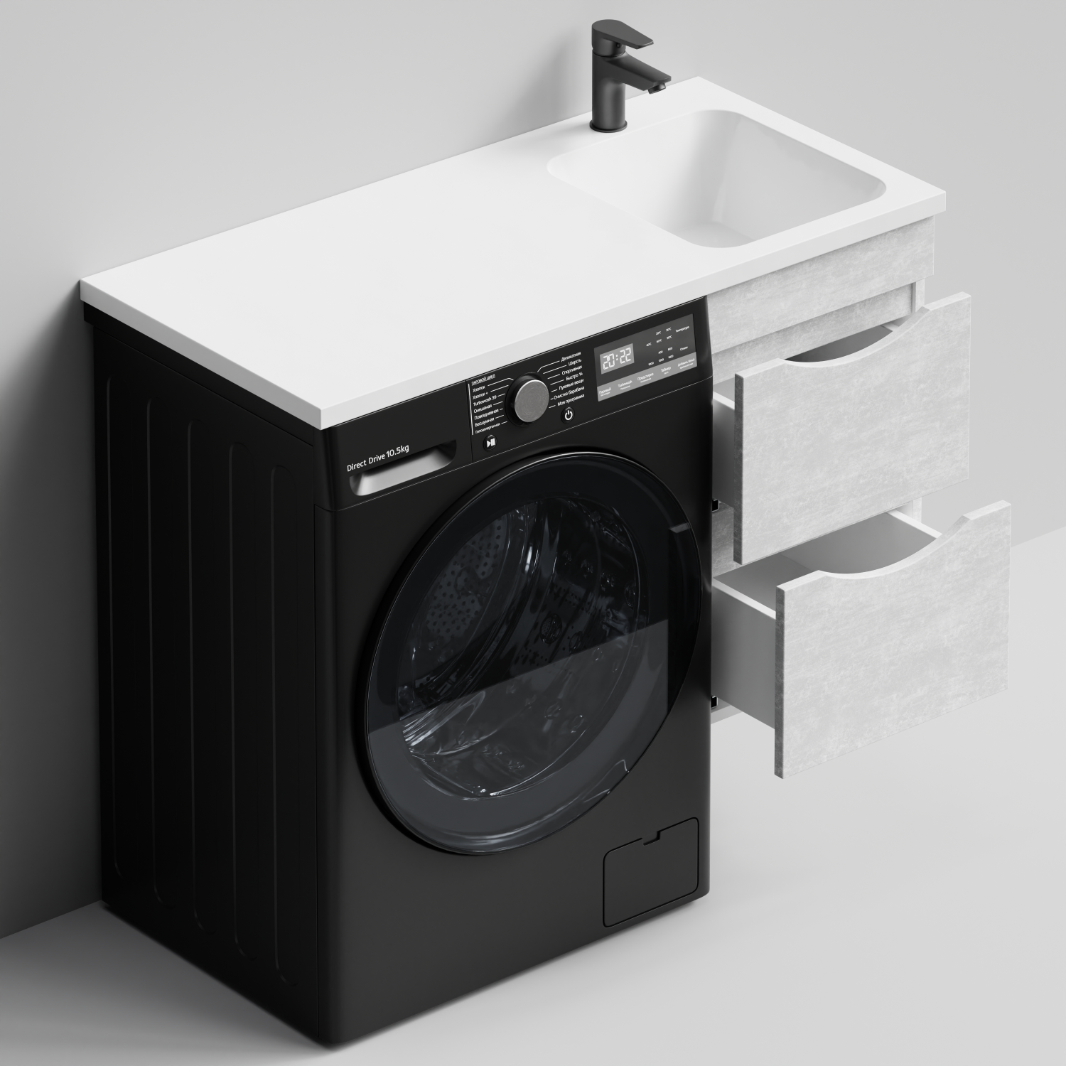 Тумба Vod-ok 48 с раковиной Смайл 110 подвесная, под стиральную машину, левая, Белый камень