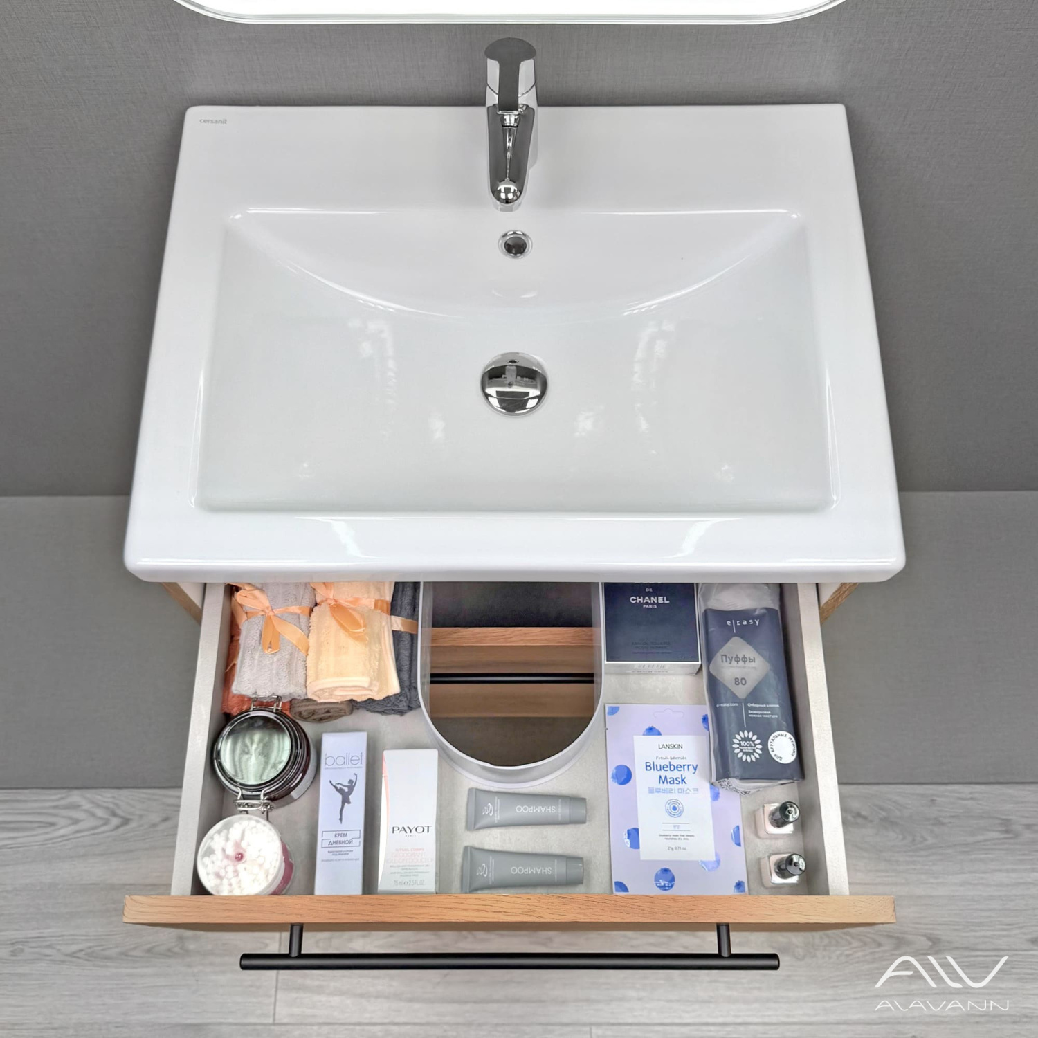 Тумба подвесная Alavann Rondo 60 с раковиной Como 60, дуб