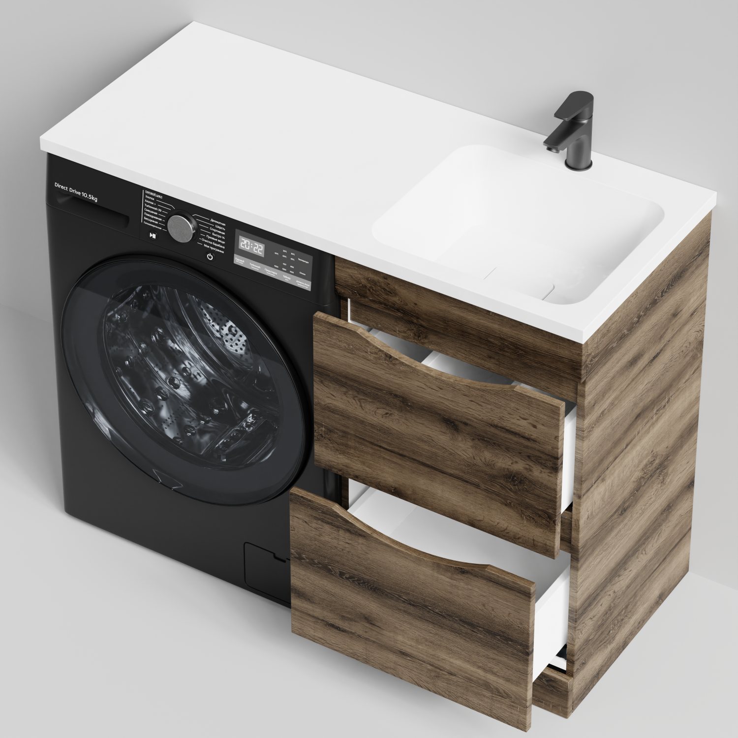 Тумба Vod-ok 48 с раковиной Смайл 110 напольная, под стиральную машину, правая, Дуб крымский коричневый