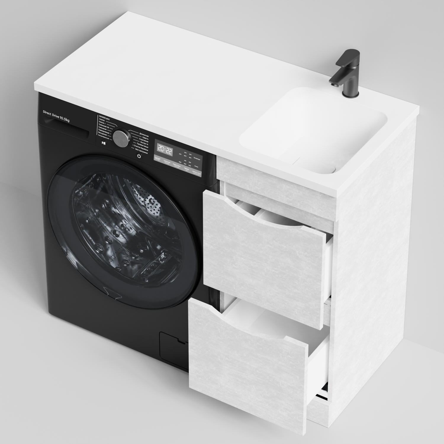 Тумба Vod-ok 38 с раковиной Смайл 100 напольная, под стиральную машину, правая, Белый камень