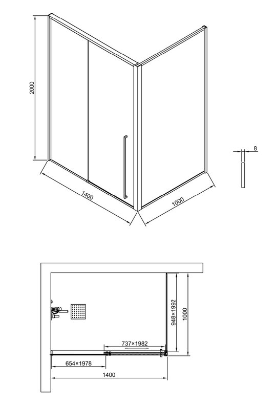 Душевой уголок Timo TDSS-140/17C-8L + TSS-1000/17C-8 140x100 см, профиль матовое золото, стекло прозрачное