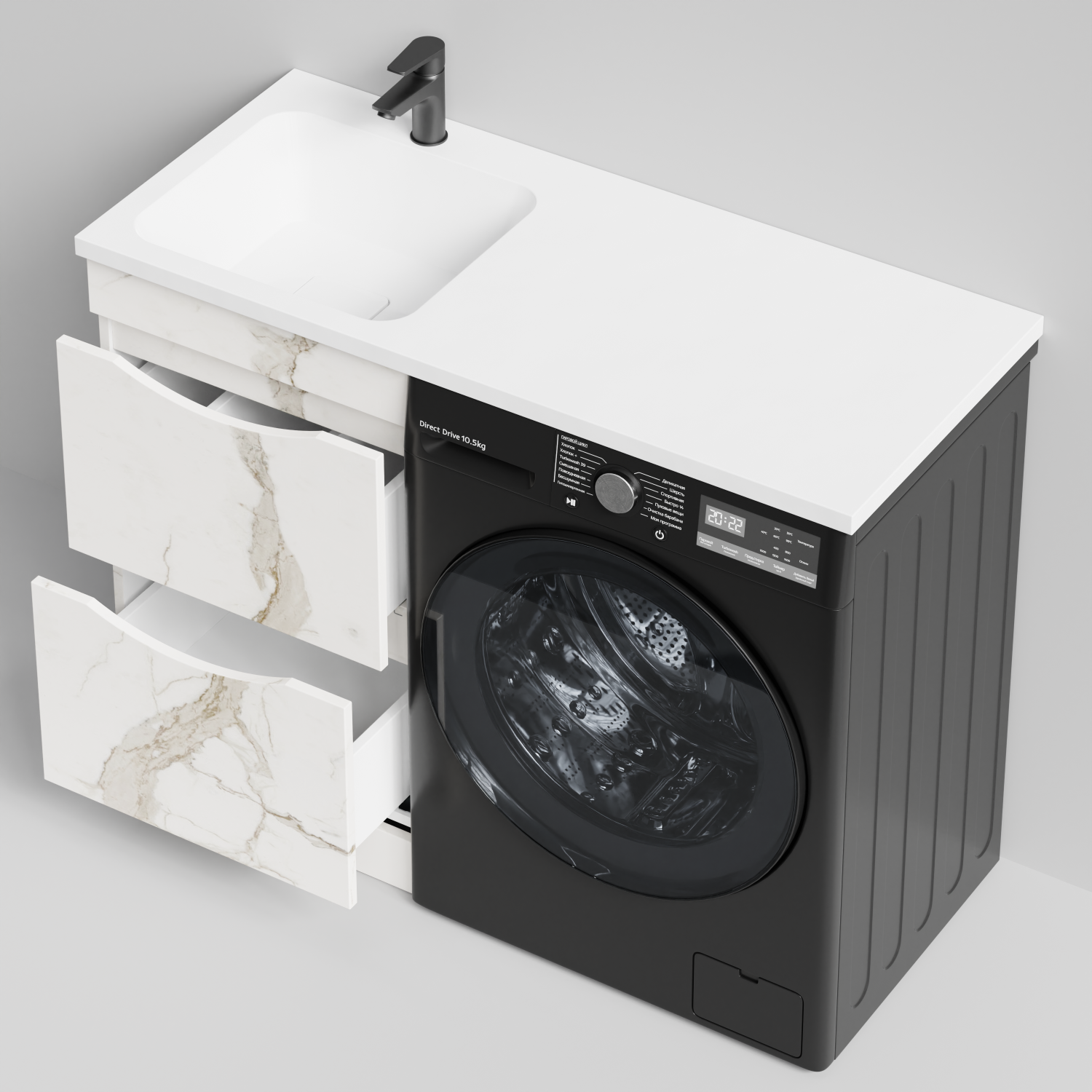 Тумба Vod-ok 48 с раковиной Смайл 110 напольная, под стиральную машину, левая, Мрамор Белый натур милк