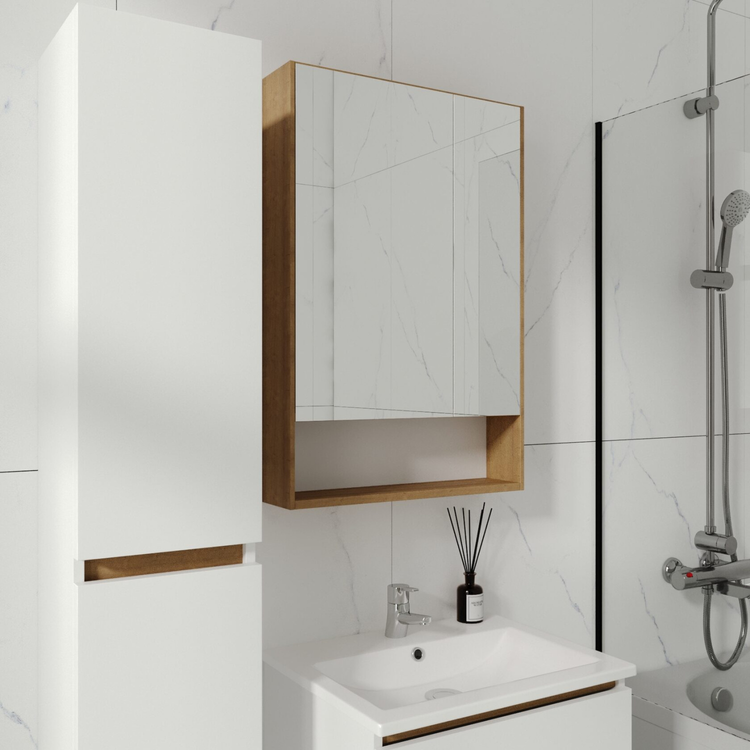 Тумба напольная Viant Мальта 60 с раковиной Como 60, два ящика, белый/дуб Вотана