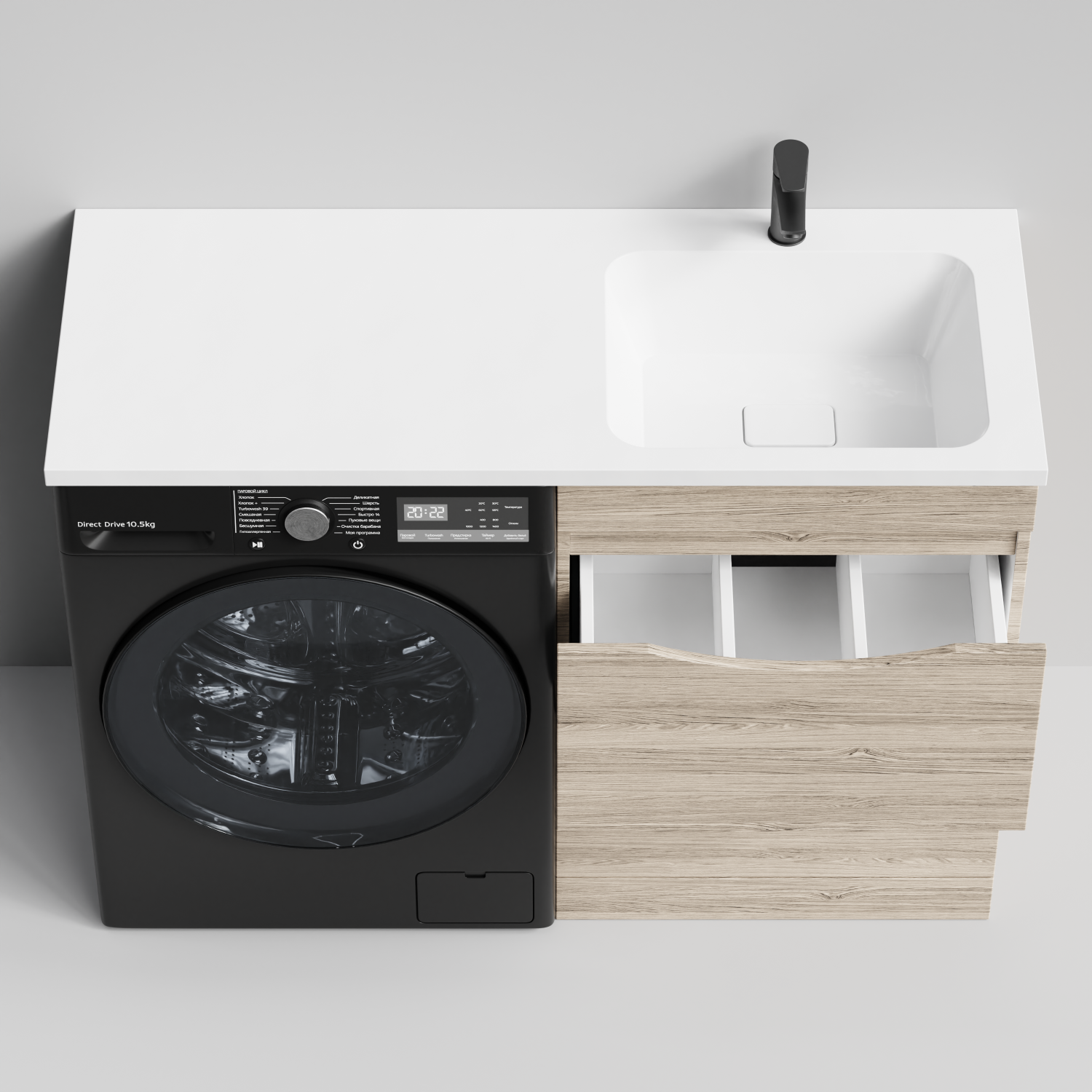 Тумба Vod-ok 58 с раковиной Смайл 120 напольная, под стиральную машину, правая, Дубослив ореховый светлый