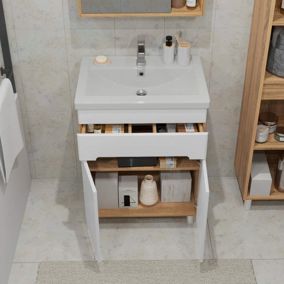 Тумба напольная SanStar Модена 50 с раковиной Фостер 50, белая, дуб вотан