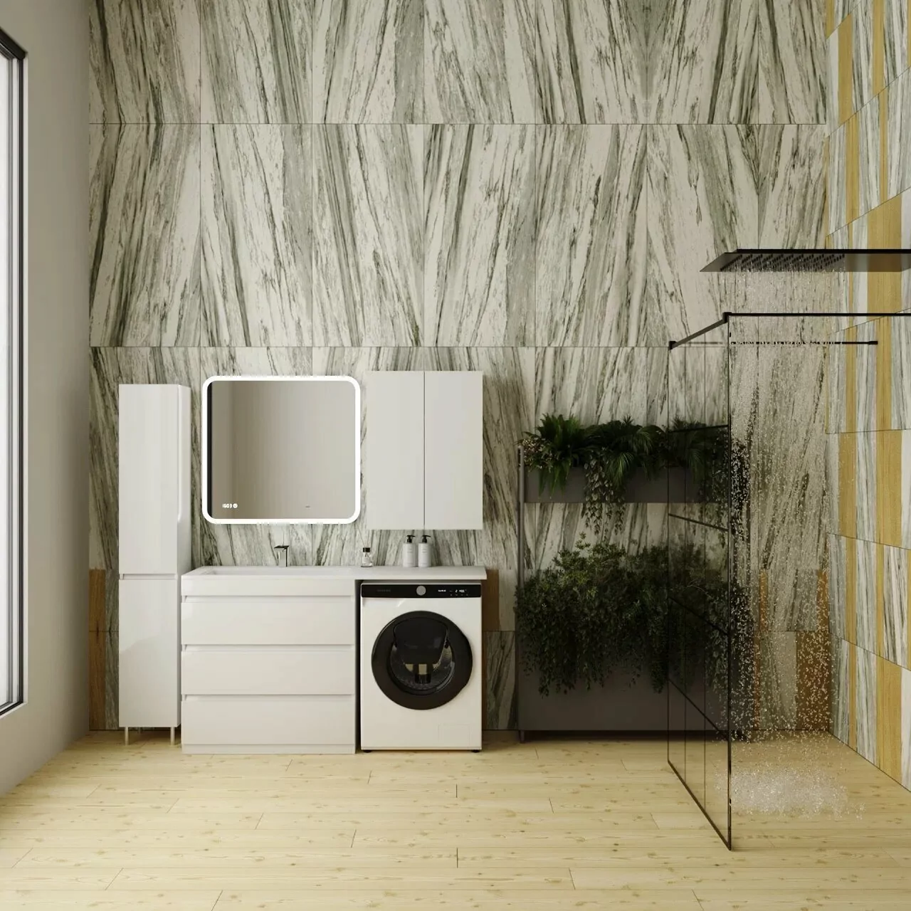 Тумба напольная Style Line Даллас 150 люкс plus ПВХ с раковиной Даллас 150 под стиральную машину, 3 ящика, левая, белая