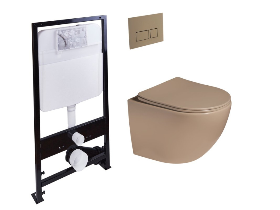 Унитаз подвесной SantiLine SL-5005T-KH+SL-01/KH с инсталляцией и кнопкой, светло-коричневый матовый