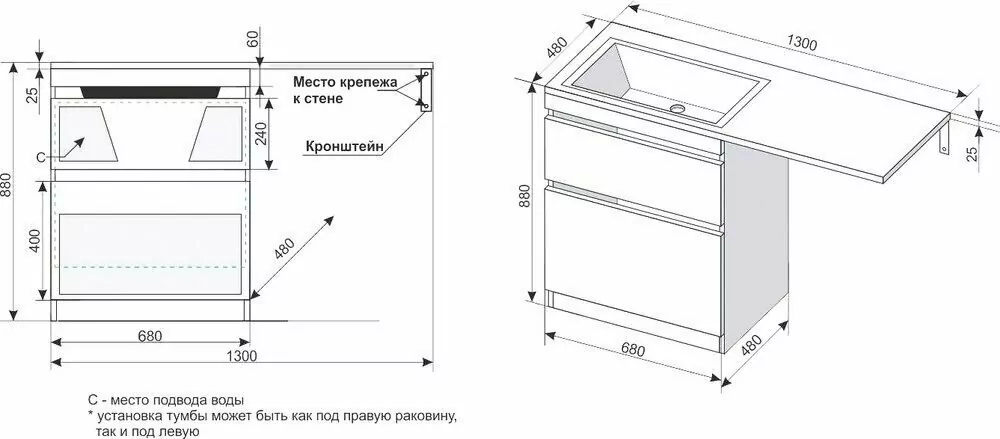 Тумба напольная Style Line Даллас 130 Люкс Plus ПВХ с раковиной Даллас 130 под стиральную машину, два ящика, левая, белая