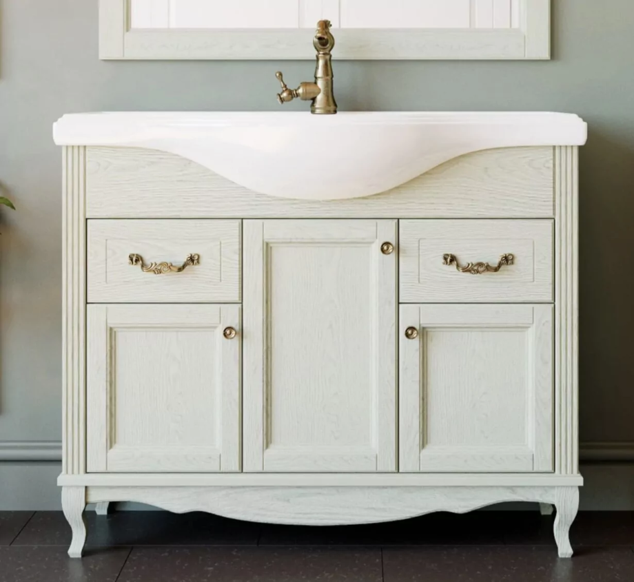 Тумба напольная ValenHouse Эллина 105 с раковиной Классик 105, 3 двери, 2 ящика, слоновая кость, бронза