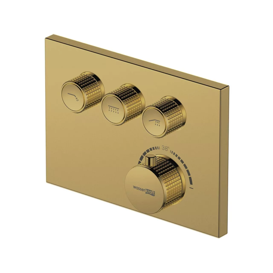 Смеситель с переключателем WasserKraft Sauer 7158 Thermo встраиваемый, на 3 выхода, с термостатом, глянцевое золото