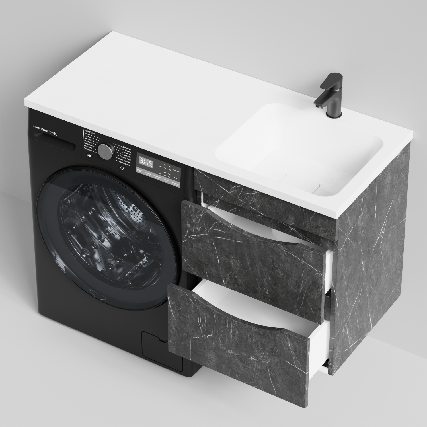 Тумба Vod-ok 48 с раковиной Смайл 110 подвесная, под стиральную машину, правая, Мрамор Графит софт тач
