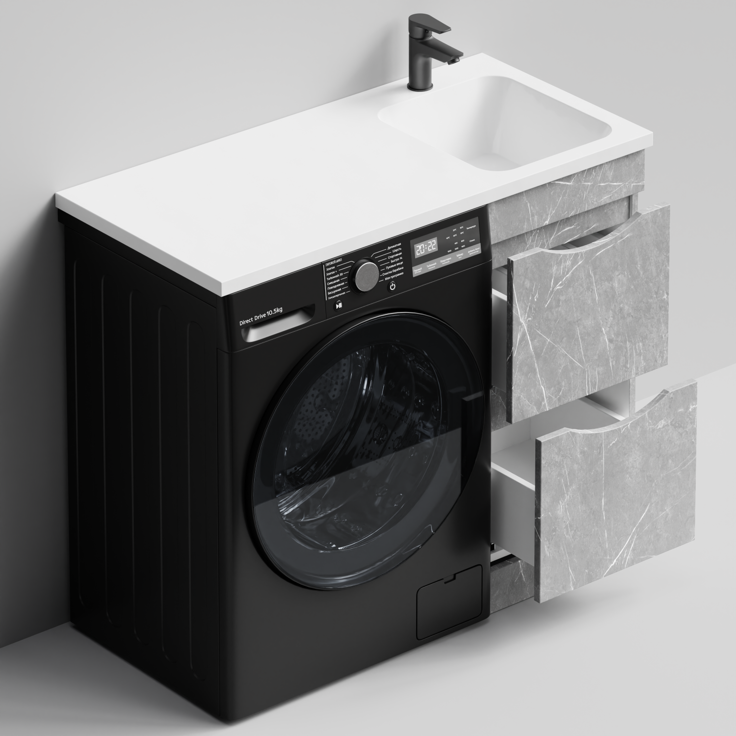 Тумба Vod-ok 48 с раковиной Смайл 110 напольная, под стиральную машину, правая, Мрамор Белый софт тач